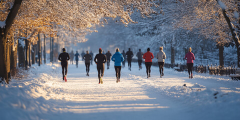 A group of people dressed in winter exercise gear, jogging in a park covered in snow