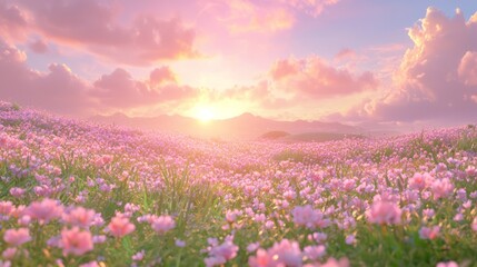 Obraz premium Majestic Sunset Over Vast Grassland with Wildflowers