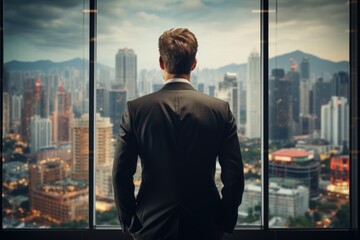 Fototapeta premium Businessman Overlooking Modern Cityscape from Tall Office Building Window