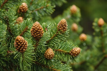 Fototapeta premium Close-up of Pine Cones on a Branch with Green Needles