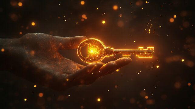glowing, minimalist metal key rests above an open hand in a business setting, symbolizing opportunity and empowerment. This image represents new beginnings, access to success, and the transformative p