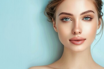 Fototapeta premium CloseUp Portrait of a Young Woman with Blue Eyes and Natural Makeup against a Blue Background