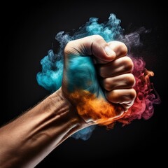 Vibrant fist punch made of swirling colorful smoke on a pitch-black background