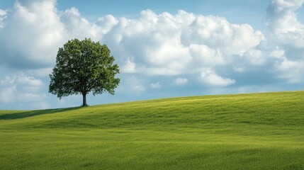 Obraz premium Lush Green Field with Isolated Tree Under Blue Sky