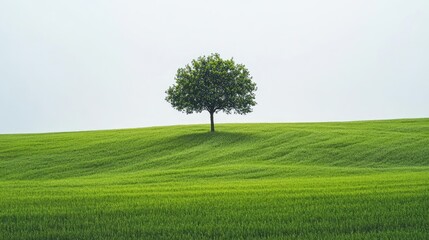 Obraz premium Serene Lone Tree in Green Grass Landscape