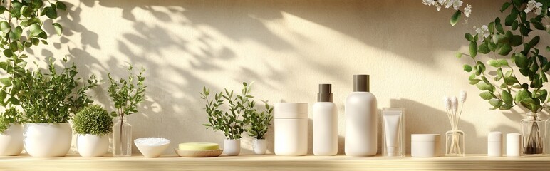A serene display of minimalistic skincare products and lush greenery on a shelf, bathed in soft, natural light.