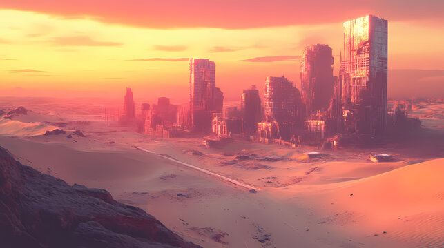 Cyberpunk town city wasteland in the desert at sunset. futuristic dystopian sci fi buildings in oasis sahara ghetto slum outpost with sandy road canyon rocks in horizon. Neon Wasteland. Illustration