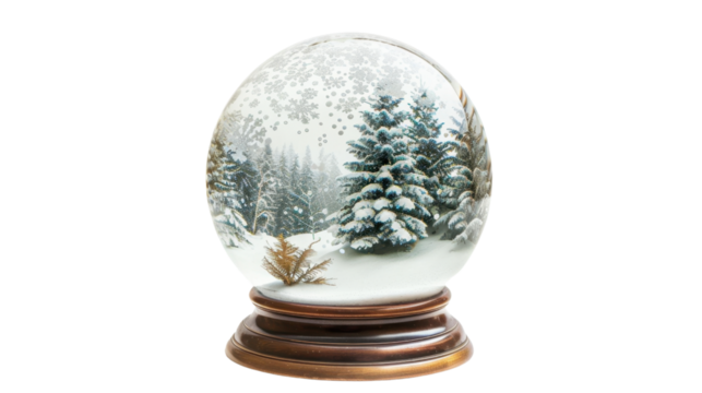 Winter house in the crystal ball on white background
