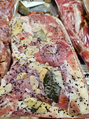 Salted lard on the counter. Street trading