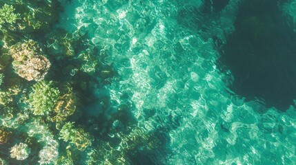 Fototapeta premium Aerial View of Vibrant Coral Reef in Clear Turquoise Waters with Abundant Marine Life
