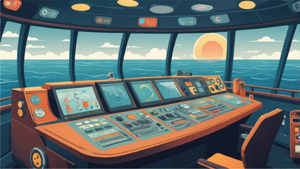 Whimsical Cartoon-Style Ship Control Room with Colorful Navigation Instruments