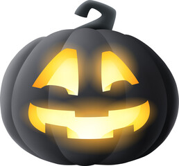 Jack O Lantern. 3D illustration of Halloween black dark pumpkin with glowing funny face expression. Isolated.
