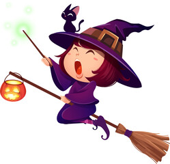 Halloween flying little witch. Girl kid in Halloween costume holds a magic wand. Isolated.