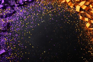 Purple and orange confetti and ribbon scattered on a black background, creating a vibrant, celebratory composition for parties.