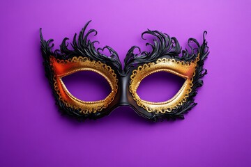 Fototapeta premium Decorative black and orange carnival mask with intricate details, placed on a vibrant purple background.