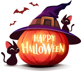 Halloween pumpkin. Black Cat and Jack O Lantern Pumpkin with witch hat.