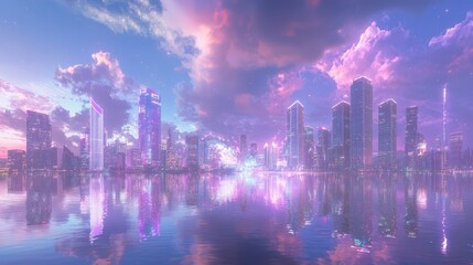 Fototapeta premium Twilight Glow: Vibrant City Skyline at Dusk with Reflecting Lights and Colorful Clouds