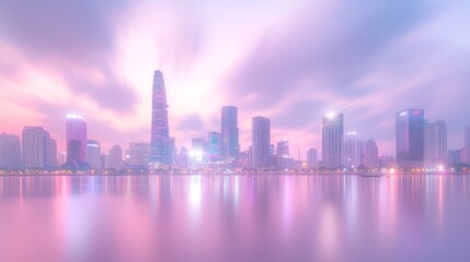 Obraz premium Twilight Tapestry: Vibrant City Skyline Reflecting in Dusk Waters