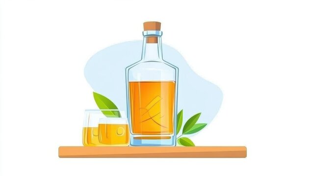recommend clip art: Elegant liquor bottle on a shelf flat design, top view, premium spirits theme, cartoon drawing, Splitcomplementary color scheme