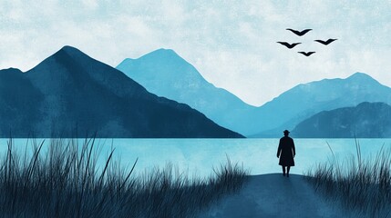 A serene landscape featuring a silhouetted figure by a tranquil lake, surrounded by mountains and flying birds, evoking a sense of calm and reflection.