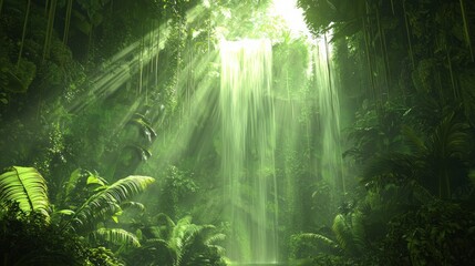 Obraz premium Enchanting Jungle Paradise: Majestic Waterfalls and Sunlit Flora in a Lush Rainforest Canopy