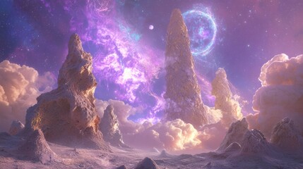 Enigmatic World: Surreal Alien Planet with Unique Rock Formations, Colorful Sky, and Mystery Unveiled