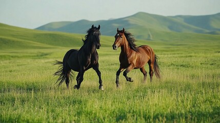 Two Horses Running Through Lush Green Meadow