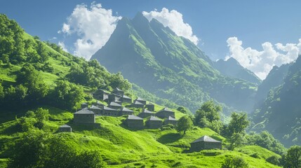 Tranquil Mountain Village: Serene Haven Amid Towering Peaks