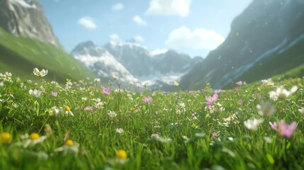 Fototapeta premium Majestic Alpine Meadow with Wildflowers and Snow-capped Mountains