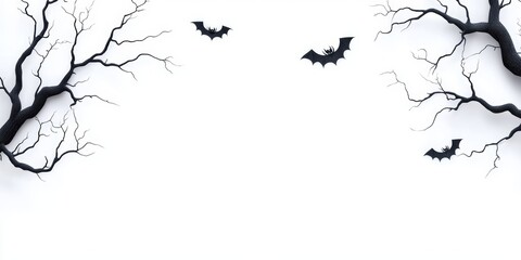 Obraz premium Black branches with bats on a white background, perfect for spooky and minimal Halloween designs.