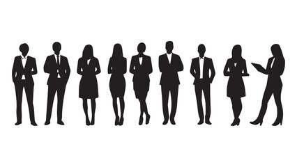 Set of vector silhouettes of men and a women, a group of standing business people, black color isolated on white background