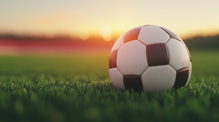 Fototapeta premium A close-up of a black and white soccer ball resting on green grass, illuminated by a warm sunset background.