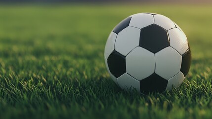 Obraz premium A close-up of a classic black and white soccer ball resting on lush green grass under soft lighting.