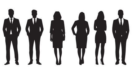 Set of vector silhouettes of men and a women, a group of standing business people, black color isolated on white background