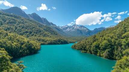 Majestic Glacier-Fed Lake Nestled Among Towering Mountains and Verdant Forests