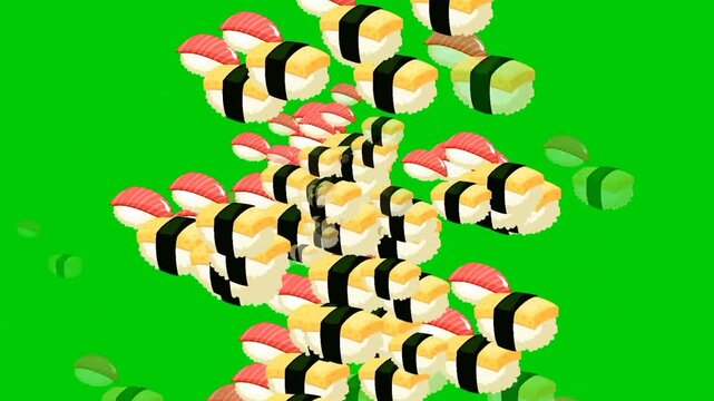Sushi explosion vector animation on green screen motion graphics, chroma key, Japan culture delicious sushi animation for restaurant, street food, and cooking  video promotion