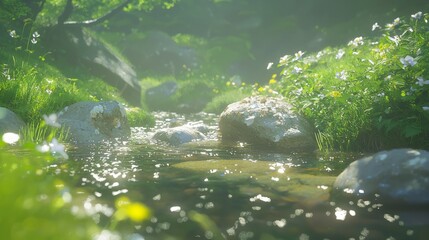 Fototapeta premium Serene Mountain Stream: Tranquil Flow Among Lush Greenery and Wildflowers