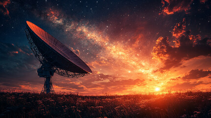 large satellite dish stands alone in an open field at sunset, symbolizing communication, exploration, and technological advancement against a serene, nature-filled backdrop, bridging the modern and th