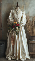 Obraz premium Combine luxury fabrics and dresses with a rustic farmhouse background for a regal yet earthy style