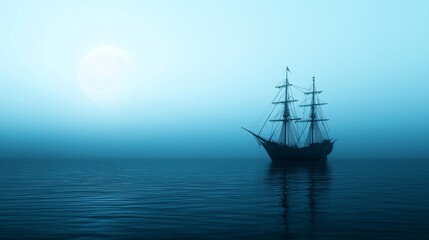 Serene Ship Under a Full Moon Reflection