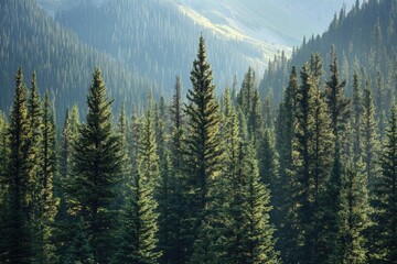 A Misty Forest of Tall Pine Trees on a Mountainside