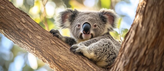 Obraz premium A Koala sits on a tree branch, looking directly at the camera with a curious expression.