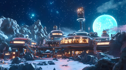 Futuristic interstellar trading outpost in a galactic marketplace. galactic marketplace. illustration. Galactic Outpost. Illustration