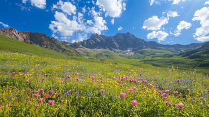 Fototapeta premium Majestic Mountain Ridge Overlooking Wildflowers: Epic Contrast of Nature's Beauty
