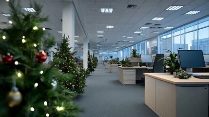 Christmas Decorated Office Interior with Modern Desks and Windows