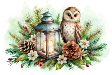 Lantern and Owl Surrounded by Christmas Decor