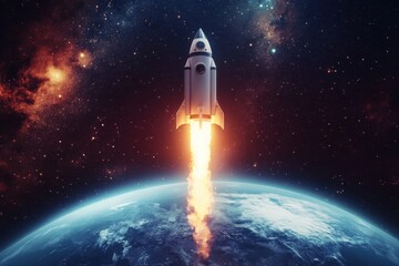 Naklejka premium Creative Rocket Ship Launching into Space
