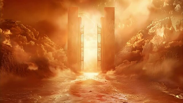 A dramatic scene featuring towering gates illuminated by an orange glow, surrounded by clouds and a fiery landscape.