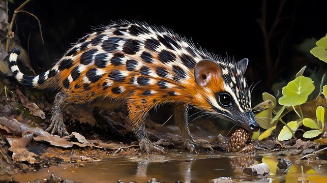 Closeup of a Spotted  Cusimanse Drinking from a Puddle