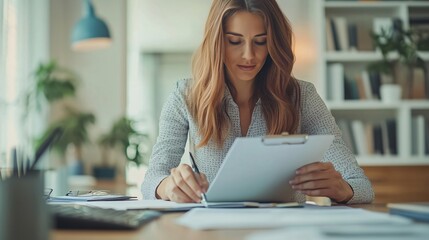Fototapeta premium Young woman accountant working at her desk taking notes on a clipboard